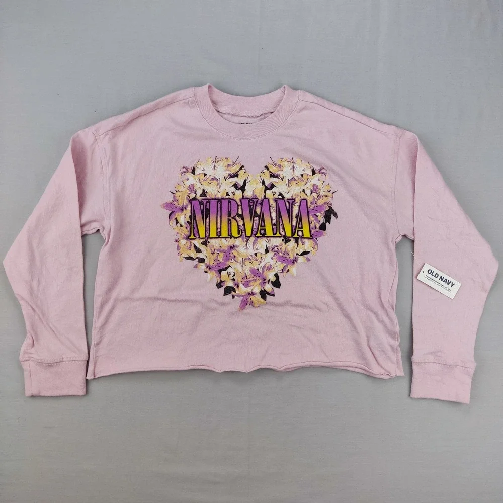 Old Navy Graphic Tee Girl XL Pink Nirvana Floral Heart Cropped Long Sleeve Shirt